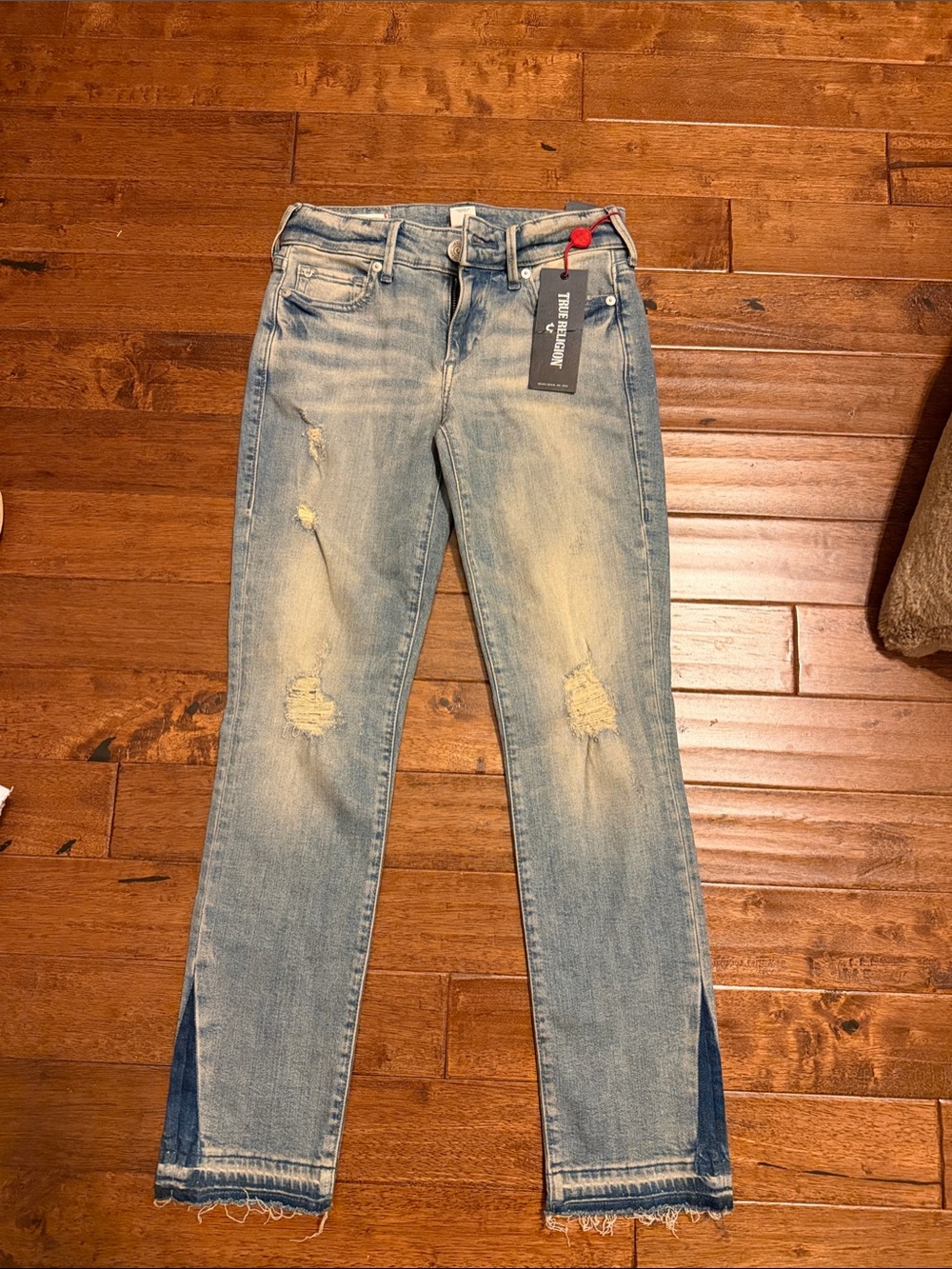 True Religion Light Blue Distressed Ankle Jeans with Dark Side Insets